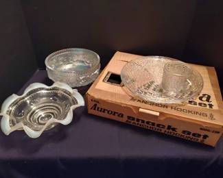 Jefferson Opalescent Ruffled Bowl, Imperial Iridescent Footed Bowl, Aurora Snack Set