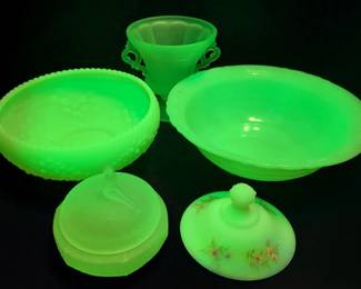 Uranium Glass Fenton Lime Green Custard Bowl, Jadeite Bowl, More
