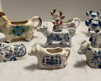 Vintage Blue White Cow Creamers, Sugar Bowl, Butter Dish 8 Pieces
