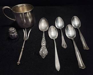 006 Sterling Silver Spoons, Fork, Cup, Shaker