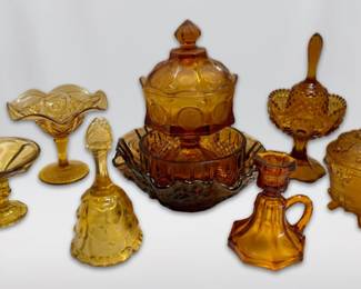 Vintage Amber Glassware Fenton Butterfly Bell, Fostoria Coin Pattern, More