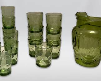 Green Anchor Hocking Tulip Pitcher Bubble Drinking Glasses