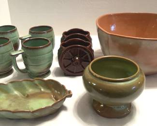 Frankoma Pottery Sugar Bowls, Footed Cups, Planter, Large Mixing Bowl, Candy Dish 9 Pieces