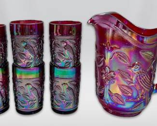 Imperial L.E. Smith Red Robin Carnival Glass Pitcher 6 Cups