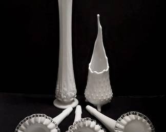 L.E. Smith Hobnail Swung Vase, Milk Glass Swung Vase, Fenton Silver Crest Epergne Horns