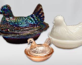 Hens on Nests Carnival, Milk Glass, Pink Depression Glass