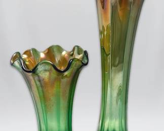 Two Northwood Green Carnival Glass Swung Vases