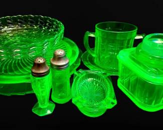 002 Uranium Glass Refrigerator Dish, Serving Platters, Salt Pepper Shakers, and More