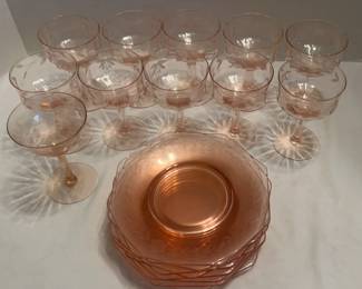 Pink Depression Stemmed Glasses Octagon Luncheon Plates 19 Pieces