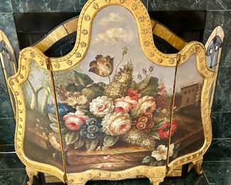 Gold Gilded Wood Fireplace Screen / Hand Painted Floral Scene / Fireplace Decor / Living Room Decor / Baroque Style / Hollywood Regency!!!!!!