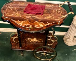 Vtg INLAID Wood MARQUETRY Portable Liquor Bar Coffee Trolly Cart Drop Leaf ITALY