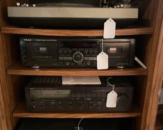 Technics SL-1300 Turn Table, Teac W-860R Double Cassette Player, Yamaha R-5 Receiver, and Denon DCM-370 5Disc Player