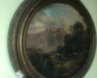 LARGE ANTIQUE OVAL CALIFORNIA SCHOOL OIL PAINTING OF GOLD PROSPECTORS ON CANVAS IN ORIGINAL ORNATE GESSO OVAL FRAME.  VERY RARE ITEM INDEED. 