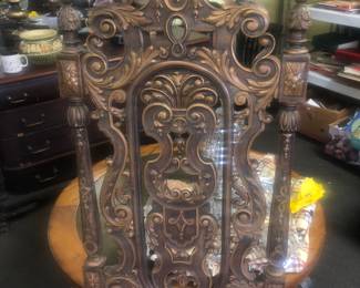 ORIGINAL HAND CARVED ORNATELY CARVED SIDE CHAIR (ONE OF 2 A PAIR).  CIRCA 1931 AND WERE ORIGINALLY GILT GOLD HIGHLIGHTS PAINTED, GOLD, RED & GREEN HIGHLIGHTS WHICH IS FADED NOW, ORIGINAL UPHOLTERY WITH ASIAN CHINESE WORKERS WITH HATS TOILING IN RICE FIELDS.