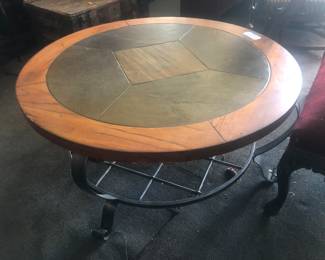 MODERN CONTEMPORARY WROUGHT IRON, STONE SLATE AND SOLID WOOD OVAL TABLE. EXCELLENT CONDITION.