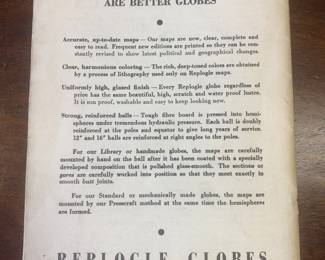 REPLOGLE GLOBES ORIGINAL BOOK MANUAL ELECTRIC LIGHTED GLOBE WITH BULB A VERY RARE VINTAGE REPLOGLE GLOBE THAT LIGHTS UP WITH SWITCH AND ORIGINAL MANUAL