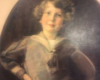 CLOSE UP VIEW OF OIL PAINTING ON BOARD LARGE OVAL PORTRAIT OF BOY IN SAILORS SUIT LAWRENCE FISHER MANSION