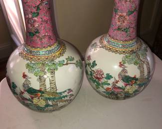 RARE CHINESE ANTIQUE PORCELAIN PAIR OF QIANLONG CERAMIC URNS PORCELAIN POTTERY WITH CHINESE LETTERING ON REVERSE.  EXCELLENT COLORS WITH PEAKCOCKS AND FLORAL DECORATIONS.   NO DAMAGE.