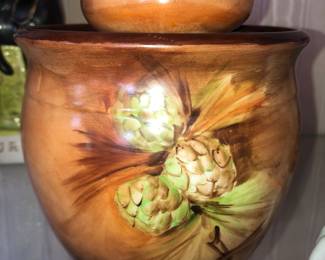 UNIQUE PORCELAIN ANTIQUE STORAGE CONTAINER WITH PAINTED PINCONES AND LID