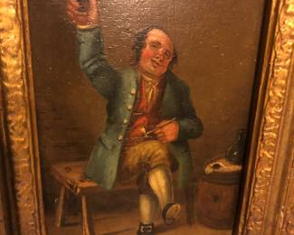 CLOSE UP VIEW OF OIL PAINTING ON BOARD SIGNED VAN ISSAC OSTADE CIRCA 1621-1649 DUTCH ARTIST ON BOARD.  NICE ORNATE GOLD FRAME.  OIL PANEL 5."W X 6 1/2""H AND FRAME 12" X 12".