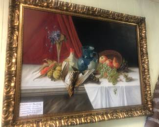 CLOSE UP VIEW OF A FISHER MANSION STILL LIFE OIL PAINTING ON CANVAS IN ITS ORIGINAL GILT CARVED WOOD FRAME. 