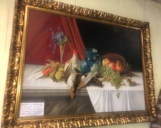 FULL VIEW CLOSE UP OF A FISHER MANSION STILL LIFE OIL PAINTING ON CANVAS IN ITS ORIGINAL GILT CARVED WOOD FRAME. 
