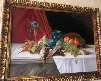 CLOSE UP VIEW OF A FISHER MANSION STILL LIFE OIL PAINTING ON CANVAS IN ITS ORIGINAL GILT CARVED WOOD FRAME. 