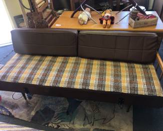 RARE PAIR OF 2  MID=CENTURY DAYBEDS WITH ORIGINAL PLAID UPOLSTERY THAT BOTH WERE COVERED WITH PROTECTIVE COVER FOR OVER 70 YEARS.  EXCELLENT CONDITION.