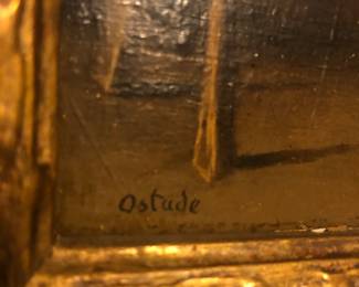 CLOSE UP VIEW OF SIGNATURE,  OIL PAINTING ON BOARD SIGNED VAN ISSAC OSTADE CIRCA 1621-1649 DUTCH ARTIST ON BOARD.  NICE ORNATE GOLD FRAME.  OIL PANEL 5."W X 6 1/2""H AND FRAME 12" X 12".
