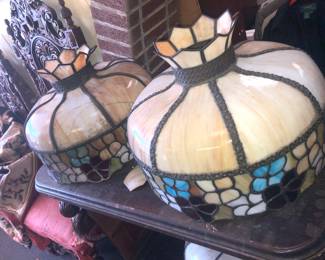 ANTIQUE ORIGINAL LEADED STAINED GLASS FIXTURE CEILING SHADES FROM A GROSSE POINTE RESTAURANT. 