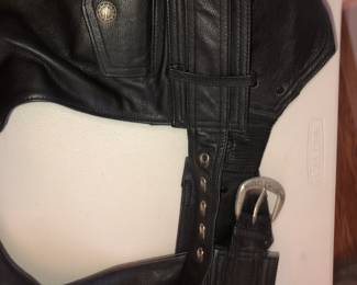 CLOSE UP VIEW OF HARLEY DAVIDSON MATCHING LEATHER PANTS WITH ALL OF THE METAL BUTTONS.