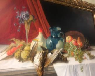 CLOSE UP VIEW OF A FISHER MANSION STILL LIFE OIL PAINTING ON CANVAS IN ITS ORIGINAL GILT CARVED WOOD FRAME. 