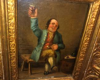 CLOSE UP VIEW OF OIL PAINTING ON BOARD SIGNED VAN ISSAC OSTADE CIRCA 1621-1649 DUTCH ARTIST ON BOARD.  NICE ORNATE GOLD FRAME.  OIL PANEL 5."W X 6 1/2""H AND FRAME 12" X 12".