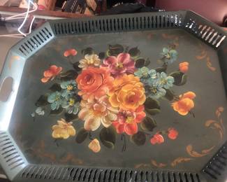 ANTIQUE HAND PAINTED LARGER SERVING METAL TRAY WITH DETAILED FLORAL BOUQUET.  IN AMAZINGLY EXCELLENT PRISTINE CONDITION.  