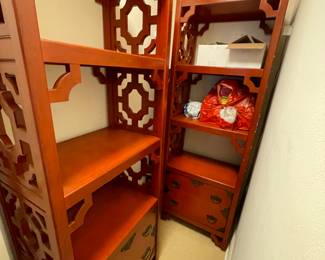 Pair of burnt orange Chinese Chippendale etageres - use side by side or alone. $350 EACH or $600 pair. These can be picked up at time of purchase. 76.5”Tx27”Wx16.5”D