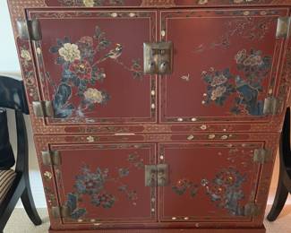 Antique, lacquered cabinet, two stacking sections on stand. 35”35” wide, 4’ tall. $1,500