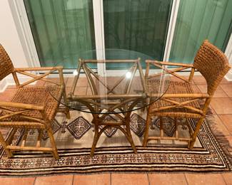 Super charming bistro table (3’ round), bamboo and woven cane. Excellent condition. Great game table. $400 set