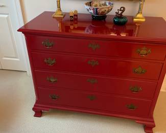 Painted red lacquered chest of drawers 45”x3’. $400