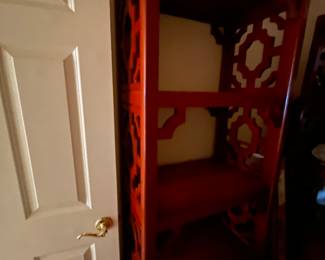 Pair of burnt orange Chinese Chippendale etageres - use side by side or alone. $350 EACH or $600 pair. These can be picked up at time of purchase. 76.5”Tx27”Wx16.5”D