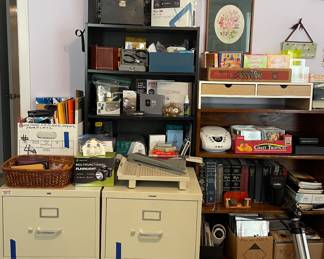 VINTAGE PAPER CUTTER, TRI POD, OFFICE SUPPLIES, FILE CABINETS, BIBLES & HYMN BOOKS