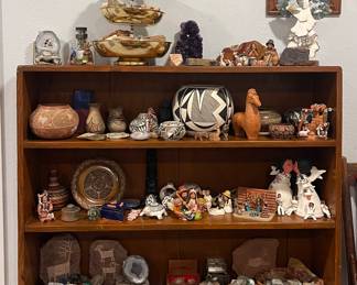 BOOKSHELF, SOUTHWEST POTTERY-SANTO DOMINGO PUEBLO POLYCHROME VASES, ACOMA NM POTTERY, MATA ORTIZ POTTERY, QUARTZ, AMETHYST, CRYSTALS AND ROCKS, RUSSIAN NESTING DOLLS, HAND CARVED JUNIPER BOWLS