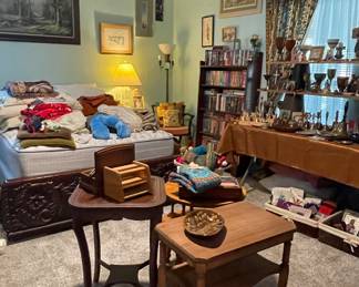 ANTIQUE CARVED BED, ACCENT TABLES