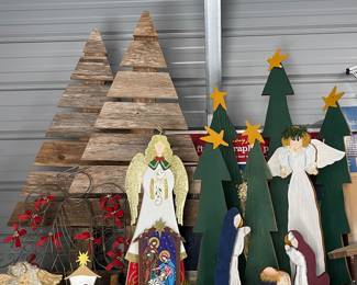 HAND MADE WOOD CHRISTMAS TREES AND NATIVITY