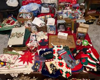 CHRISTMAS ORNAMENTS, LINENS