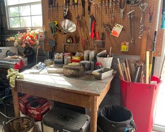 OLD TABLE, TOOLS, SPRAYERS