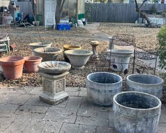 CONCRETE PLANTERS AND BIRDBATH STANDS, WROUGHT IRON PLANT STANDS