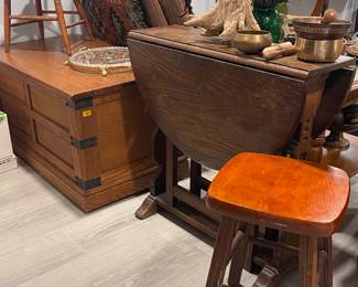 TRUNK, DROP LEAF TABLE, CHILDS CHAIR, BRASS SINGING BOWLS