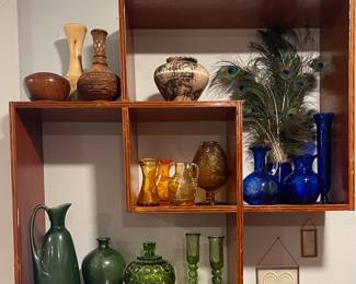 NAVAJO HORSEHAIR VASE, VAN BRIGGLE POTTERY, ART GLASS, UNIQUE SHELVES