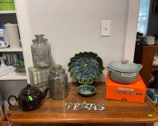 WOOD TABLE, LE CREUSET CASSEROLE, POTTERY