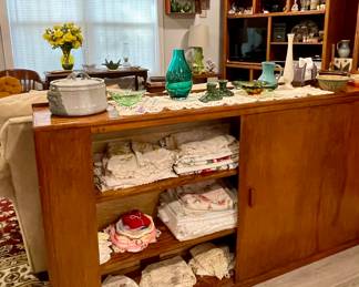 LINENS, WOOD STORAGE CABINET, VAN BRIGGLE, HEISEY MOONGLEAM TRIANGLE DISH